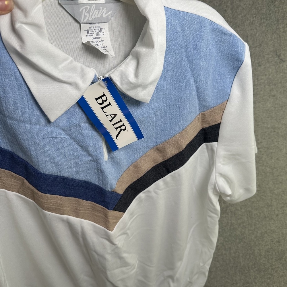 NWT Vintage Blair Womens Top Blouse Large Collared Short Sleeve Blue White - Picture 9 of 12